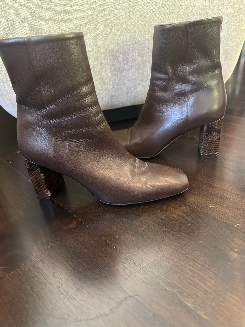 Aeyde Classic Brown Leather Ankle Boots with Snakeskin Block Heel
